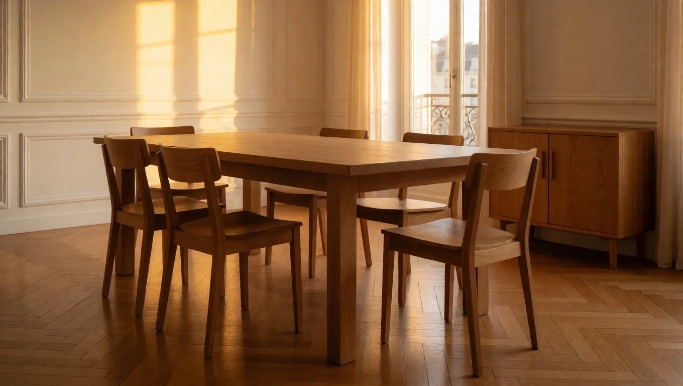 Intérieur d'un appartement nantais après nettoyage, parquet restauré baigné de lumière dorée