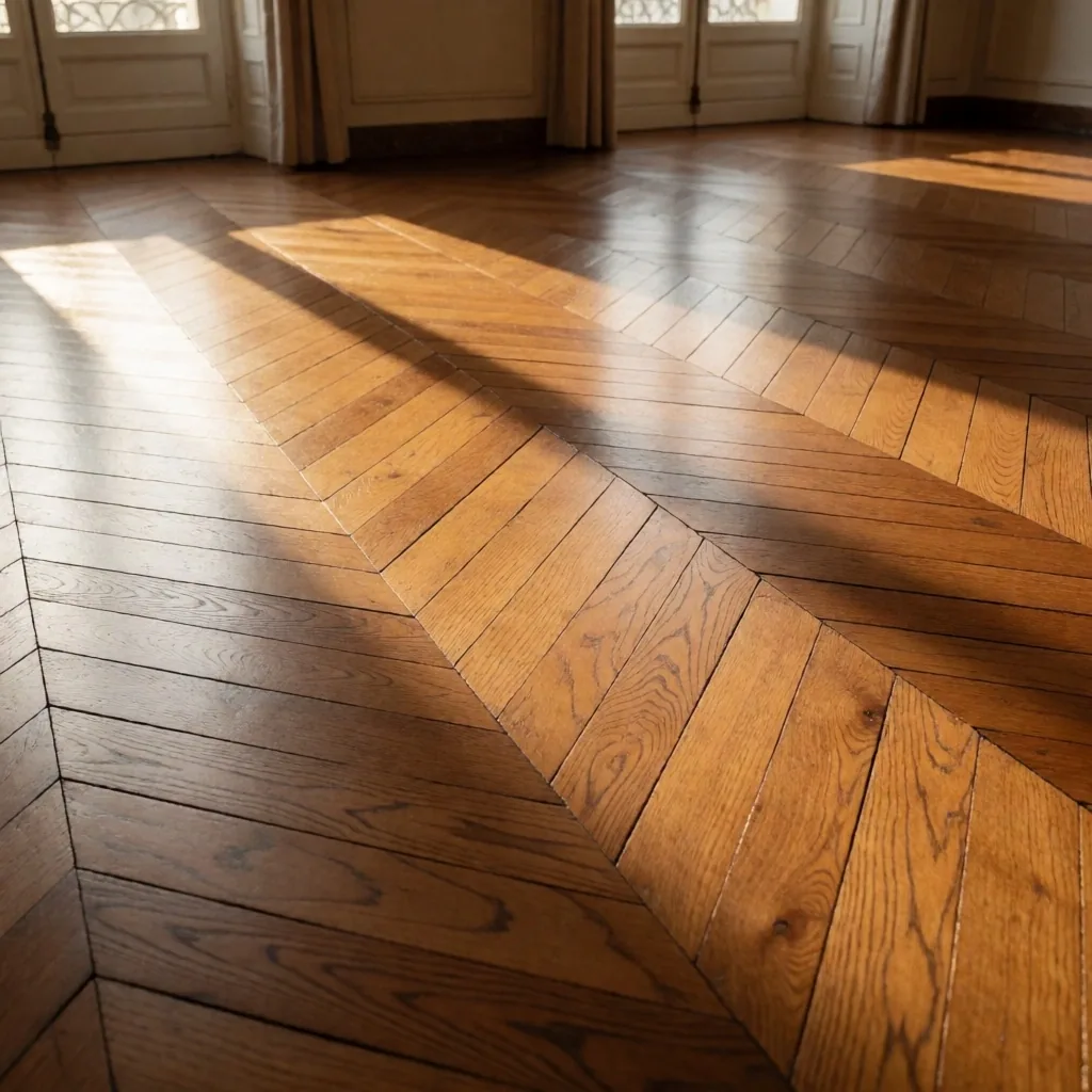 Parquet massif restauré, patine naturelle préservée par un nettoyage adapté