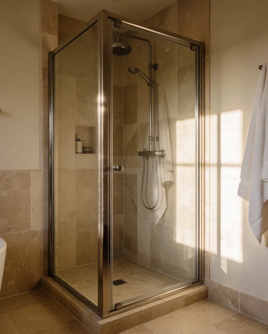 Salle de bain nettoyée, robinetterie chromée et paroi de douche sans traces