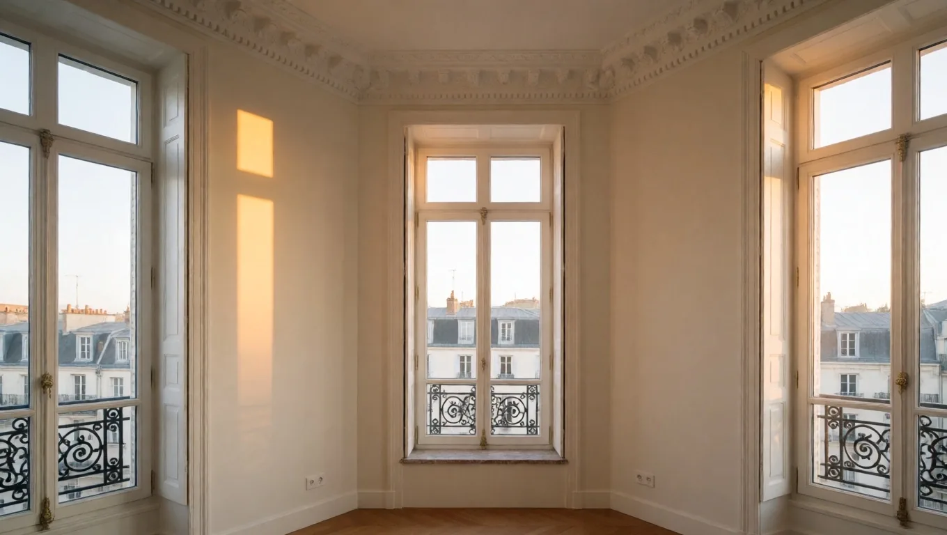 Intérieur rénové éclairé par la lumière dorée, sols et vitres nettoyés